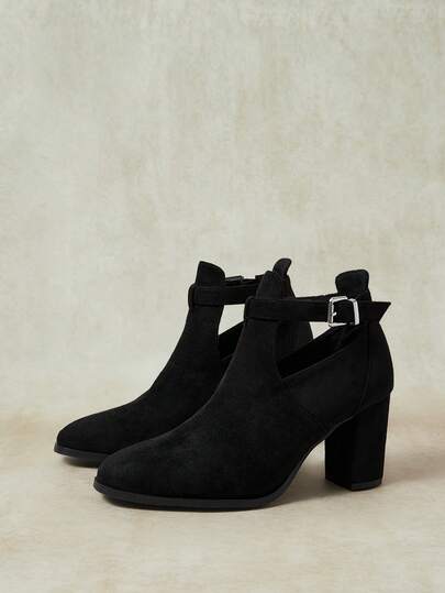 Styleloop Women Shoes Autumn And Winter Suede Metal Buckle Round Toe Thick Heel Ankle Boots Simple Commuter Style Workplace Daily Wear