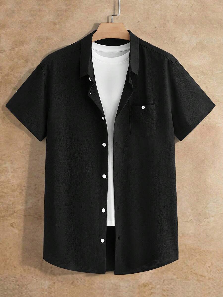 EASEVO Men Plus Size Woven Casual Short Sleeve Shirt - Black - View 1