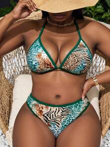 Slaydiva Bikini Dua Potong Ukuran Plus Wanita Musim Panas 2026 Terbaru, Bawahan Segitiga Pinggang Sedang Motif Leopard Leher V - MultiWarna - View 5