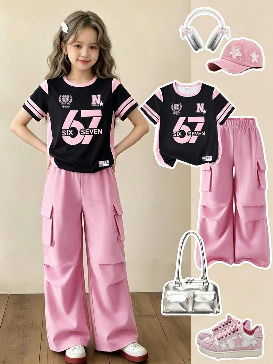SHEIN Elladie kids 女童兩件套黑色底色對比粉色滾邊數字圖案街頭風圓領T恤+粉色工裝褲返校服裝 - 粉色 - 查看 1