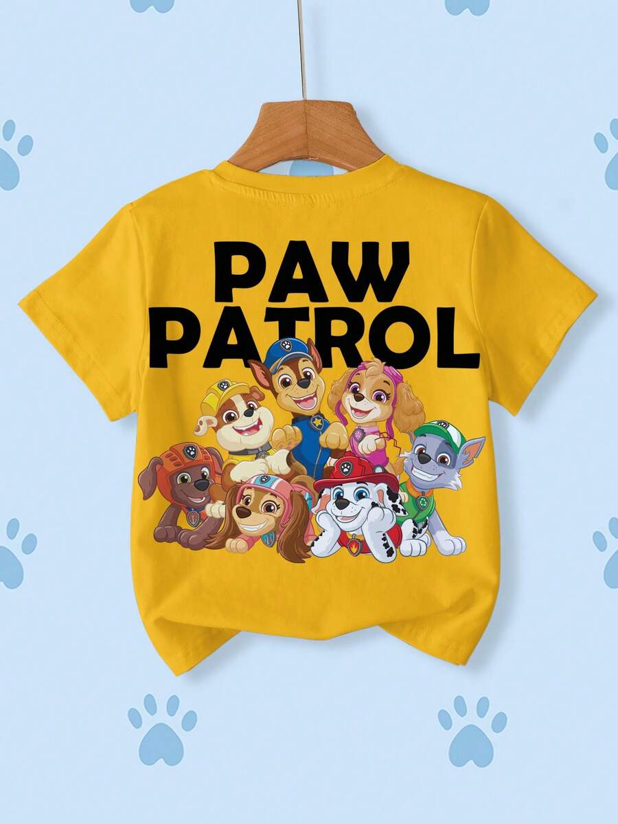SHEIN | PAW Patrol 男童休闲时尚街头日常通勤趣味卡通字母印花短袖T恤,夏季 - 白色 - 查看 1