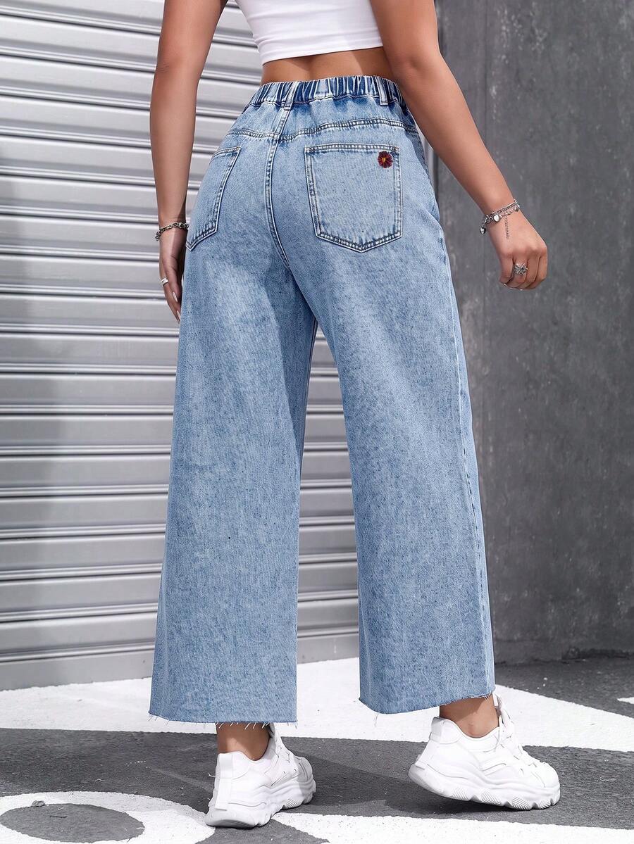 Jeanoix Women's Plus Size Casual Wide Leg Loose Fit Jeans Pocket Embroidery - Medium Wash - View 1