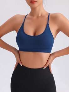 SHEIN Sports Sujetador deportivo sin costuras de color liso con espalda descubierta y cuello halter - Azul Marino - Ver 6
