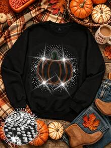EMERY ROSE Plus Size Pumpkin Rhinestone Bling Sweatshirt Blessed Thankful Grateful, Happy Thanksgiving Gift Fall Season Round Neck Long Sleeve Sweatshirt - Black - View 1
