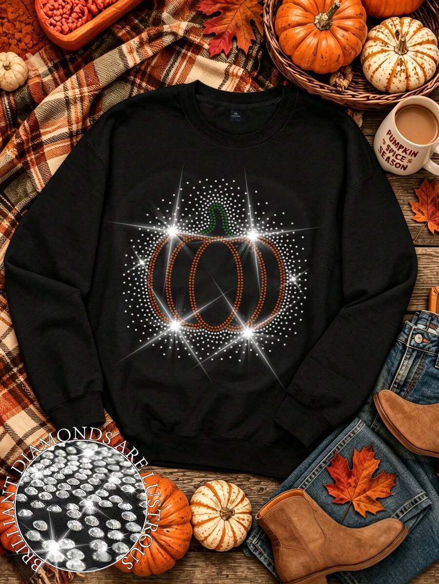 EMERY ROSE Plus Size Pumpkin Rhinestone Bling Sweatshirt Blessed Thankful Grateful, Happy Thanksgiving Gift Fall Season Round Neck Long Sleeve Sweatshirt - Black - View 1