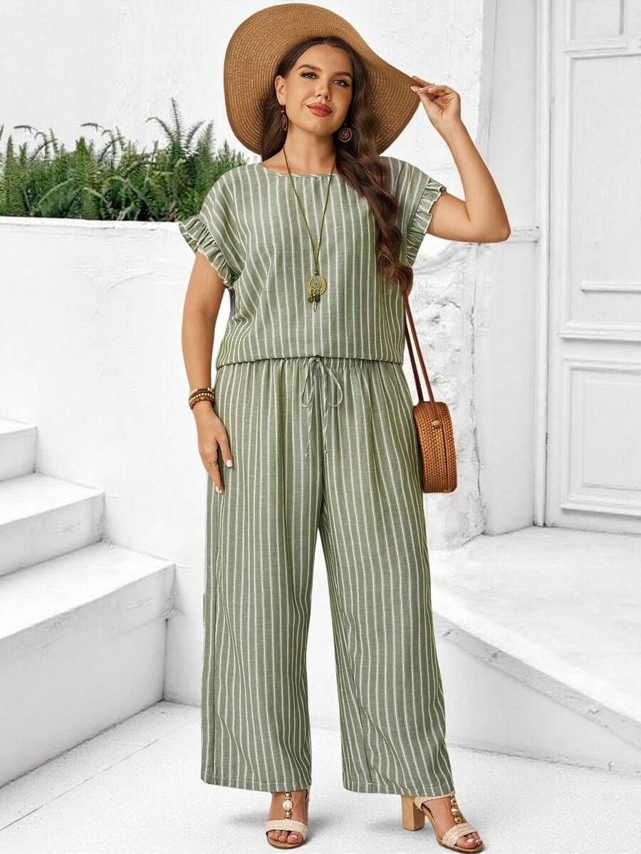 EMERY ROSE Plus Size 2-Piece Set Off-Shoulder Blouse Ruffle Cuff Water Drop Back Elastic Waist Drawstring Pants Sage Green Bohemian Smart Casual Summer Vacation - Multicolor - View 1