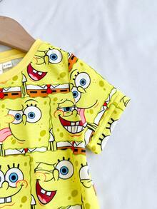 SpongeBob SquarePants | SHEIN Baby Girl Versatile Round Neck Short Sleeve Romper - Yellow - View 6