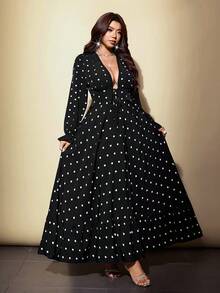 Viva Relle Plus-Size Women's Sexy Deep V-Neck Polka Dot Long Dress Fall - Black - View 1