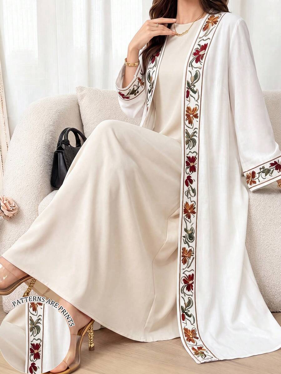 SHEIN Najma 花卉蕾絲仿刺繡印花白色女款優雅阿拉伯式長袍,春秋時尚長袖開襟長外套,阿拉伯風情服飾 - 彩色 - 查看 1