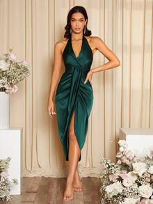 SHEIN Belle Solid Draped Backless Halterneck Satin Bridesmaid Dress, Elegant Prom Semi Formal Wedding Guest For Birthday, Graduation, Homecoming Party - Dark Green - View 5