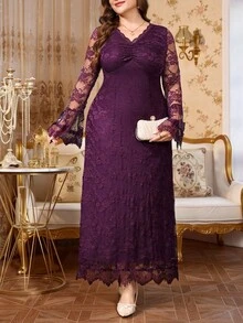 Reflora Plus Size Elegant Party Formal Evening Solid Color Lace Dress Autumn Wedding Purple Fall - Purple - View 8