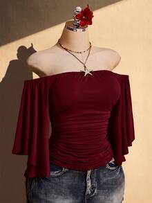 SHEIN ICON 女款大尺碼露肩純色喇叭袖時尚上衣 - 酒紅色 - 查看 9