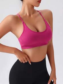 SHEIN Sports 女款素色休閒日常無縫運動內衣 - 玫紅色 - 查看 4