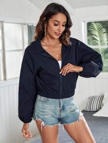 SHEIN Frenchy Jaket dengan Resleting dan Bahu Longgar untuk Musim Gugur/Dingin - Navy Blue - View 5