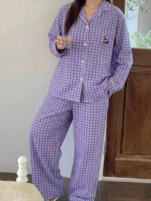 Dazy Plus Plaid Loose Pajama Set, Sleepwear, Loungewear, All Season - Purple - View 4