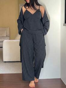 Dazy Plus 3-Piece Plaid Robe, Camisole And Long Pants Pajama Set, Spring Summer Autumn - Navy Blue - View 3