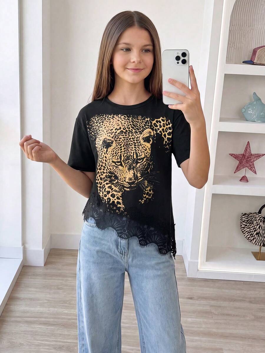 青少年女孩豹紋圓領短袖對比蕾絲不對稱下擺T恤 - 黑色 - 查看 1
