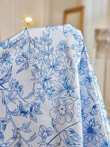 LuxeNights Minimalist Elegant Fresh Blue Floral Print Satin Robe, Tie-Front Comfortable Loungewear Bathrobe - White - View 7