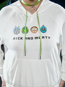 Rick and Morty X SHEIN 加大码标语卡通图案袋鼠口袋插肩袖抽绳卫衣 - 白色 - 查看 8