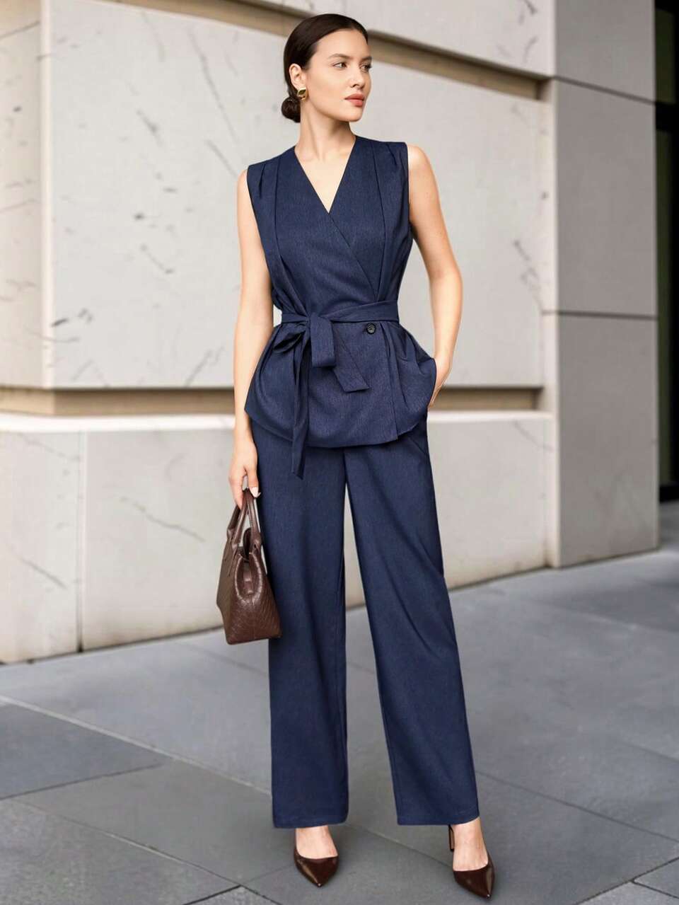 Women's Navy Blue Striped V-Neck Sleeveless Blazer With Slit And H-Line Straight Leg Trousers Summer Casual Business Office Elegant Teachers' Day