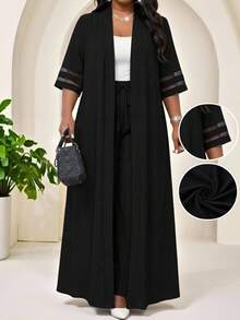 SHEIN Lady Plus Size Mesh Patchwork Cardigan And Drawstring Waist Textured Pants 2 Pieces Set - Black - View 1