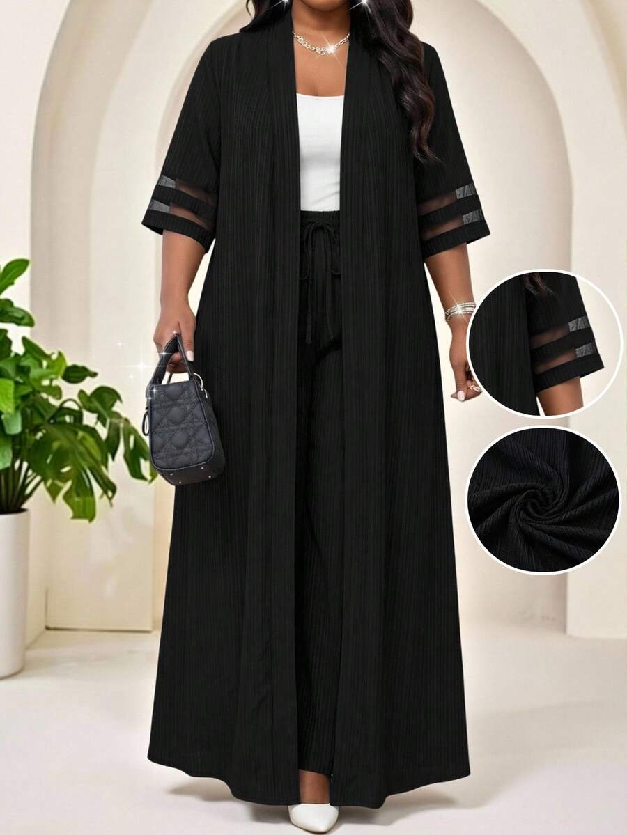 SHEIN Lady Plus Size Mesh Patchwork Cardigan And Drawstring Waist Textured Pants 2 Pieces Set - Black - View 1