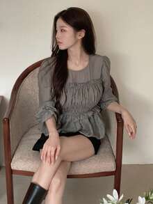 DAZY 女款圓領荷葉邊長袖春夏襯衫 - 淺灰色 - 查看 4