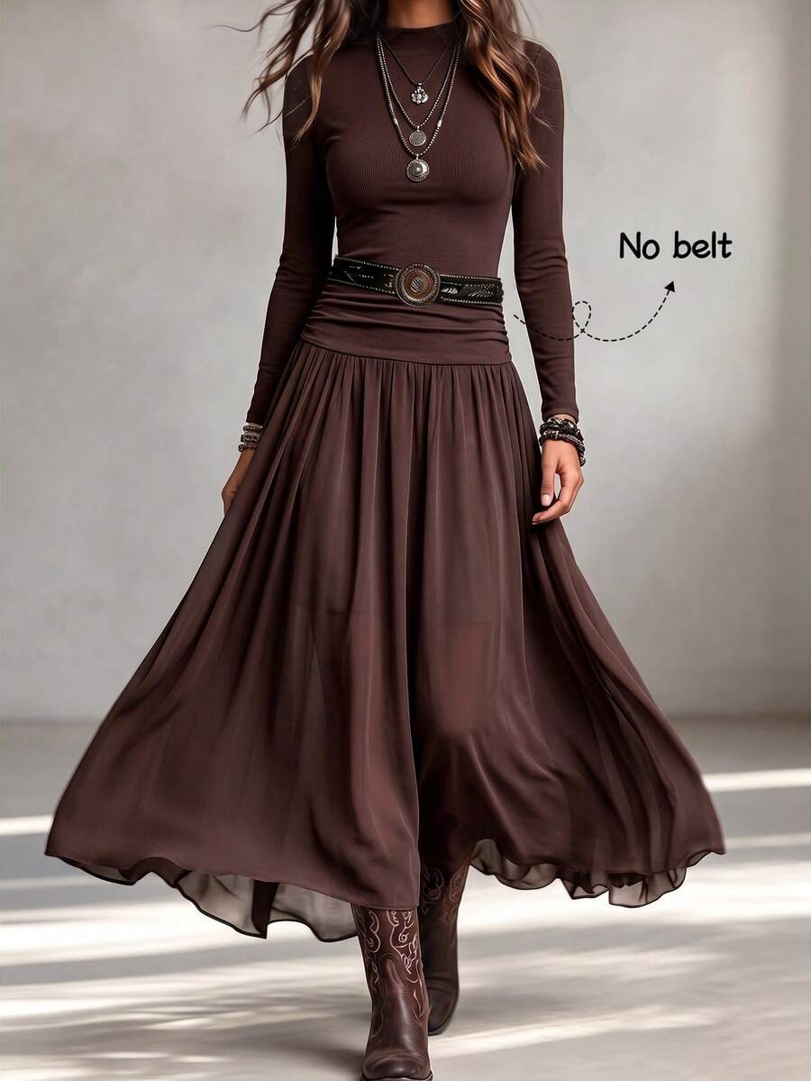 LUMIGAL AB Colorblock Knit Faux Sweater Ribbed Fitted Semi-High Neck A-Line Vintage Elegant Versatile Inner Layer Party Outing Commute French Style Women's Dress - Brown - View 1