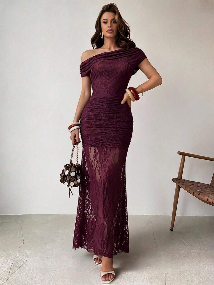 Firerie Damen-Spitzen-Kleid, figurbetont, asymmetrische Schulter, Meerjungfrau-Schnitt, tiefes Burgunderrot, langes Kleid, formelles Abendkleid, Hochzeit, Nacht, Bar, Party, Firmenfeier, Sommer, sexy - Bordeaux - Übersicht 1