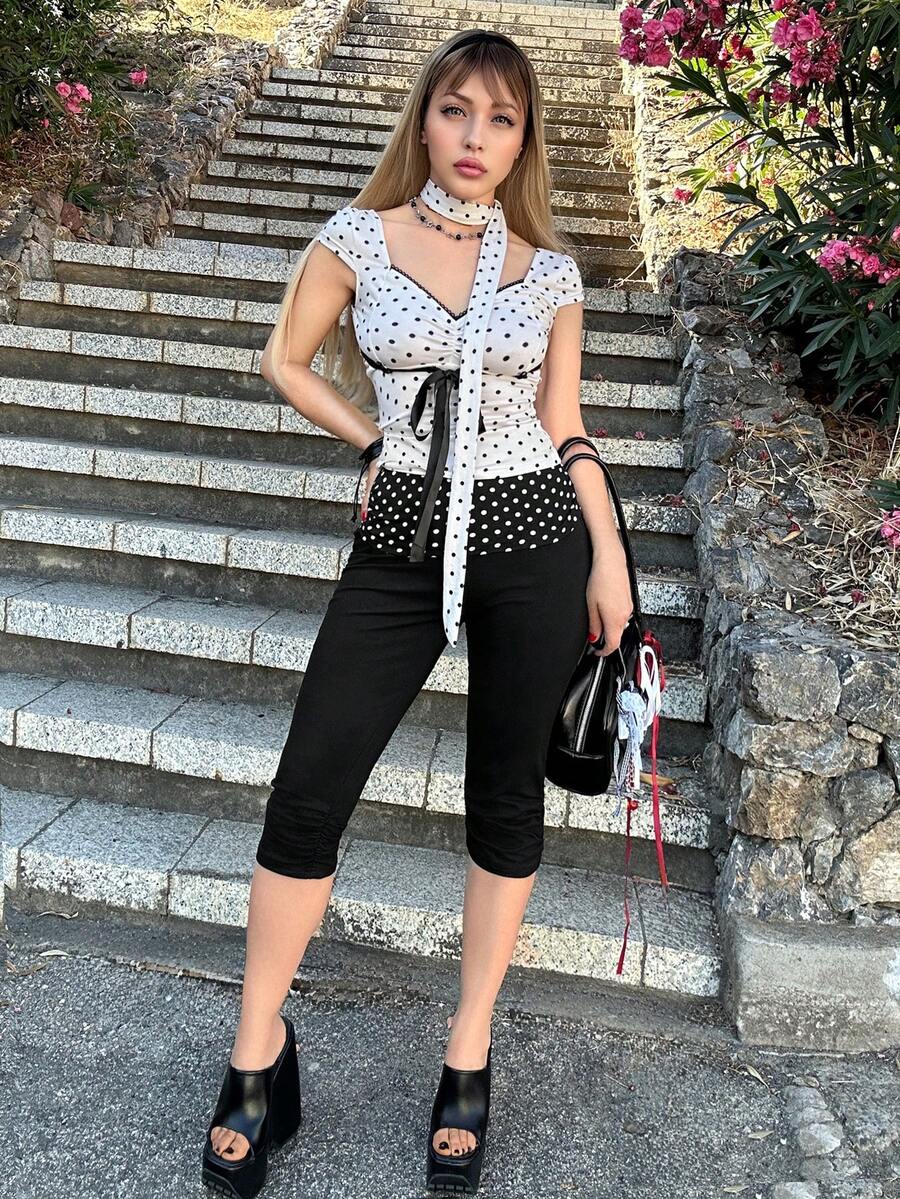 ROMWE Avant ROMWE X Lorella Spring/Summer Millennium Sicilian Holiday Vintage Polka Dot Patchwork Ruched Skinny Women 3/4 Pants - Black - View 1
