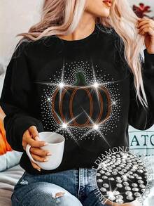 EMERY ROSE Plus Size Pumpkin Rhinestone Bling Sweatshirt Blessed Thankful Grateful, Happy Thanksgiving Gift Fall Season Round Neck Long Sleeve Sweatshirt - Black - View 3