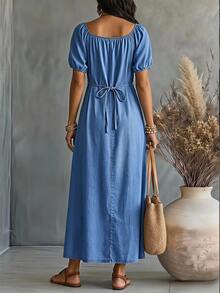 Balvessa Women's Vacation Off-Shoulder Denim Dress With Pockets - Blue - View 4