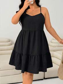 SHEIN EZwear Plus Size Women's Casual Black Ruffle Hem Spaghetti Strap Dress - Black - View 6