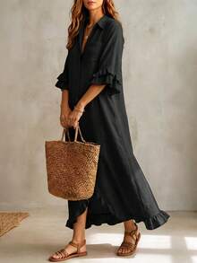 Linhara CURVE Plus Size Women's Solid Color Casual Daily Summer Dress - Black - View 3