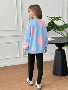 SHEIN Tween女孩休閒圓領長袖秋季衛衣套裝 - 藍色 - 查看 7