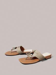 Styleloop Women's Rhinestone Plant Design Casual Flat Sandals - Beige + tassel - View 3