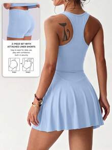 Slayform Slayform Spring/Summer Women's Sports Dress, Light Blue Sexy Rave Techno Front Contrast Mesh, Large Scoop Neck, Ruffle Hem, Separate Lining Shorts And Pockets - Blue - View 2