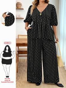SHEIN CURVE+ 大尺碼波點荷葉邊泡泡袖兩件套，V領上衣搭配鬆緊腰，2026冬季 22W - 黑色 - 查看 7