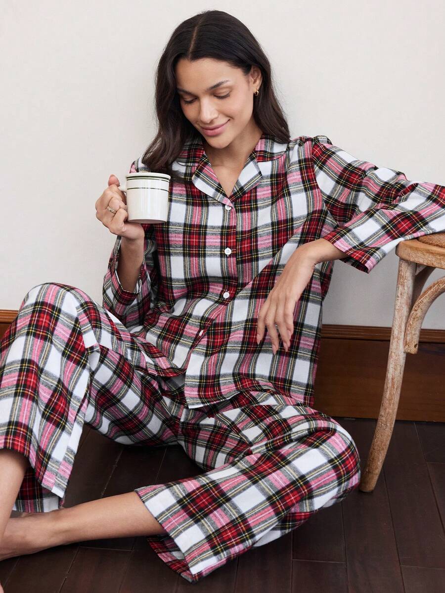 Doze Lane Women's Plaid Lapel Comfortable Casual Classy Loose Long Sleeve Pants Pajama Set, 2 Pieces Lounge Sleep All White Plaid Autumn - Multicolor - View 1