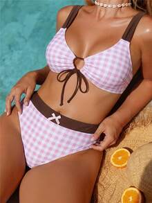 SHEIN Swim 2026 Summer Women's All White Plaid Print Thick Strap Plus Size Fashion Beach Vacation Party Set Tropical Flowy - Multicolor - View 1
