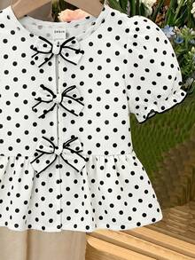 SHEIN LMoss Kids 女童休閒梭織圓領短袖波點套頭上衣 - 白色 - 查看 4