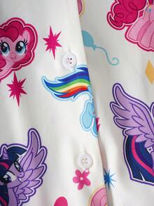 My Little Pony X SHEIN 青少年女孩卡通印花單排扣短袖上衣與短褲居家服套裝 - 白色 - 查看 5