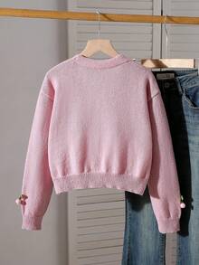 SHEIN Vintaside Kids 女童甜美可愛 3D 粉色櫻桃與蓮花粉短版開襟針織外套，V 領長袖落肩針織毛衣，適合居家、休閒、外穿、購物、聚會，秋冬款 - 藕粉色 - 查看 2