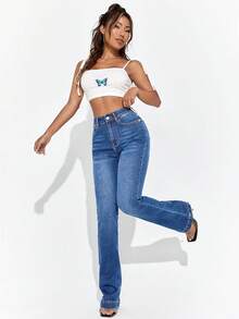 SHEIN Essnce Casual High-Waisted Flare Washed Denim Jeans - Light Wash - View 3