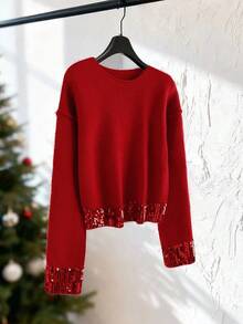 GlowEve Women's Sequin Round Neck Casual Versatile Daily Long Sleeve Sweater - Red - View 3