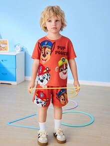 SHEIN | PAW Patrol Young Boy Casual Cartoon Print Short Sleeve T-Shirt And Shorts Set, Summer - Orange - View 4
