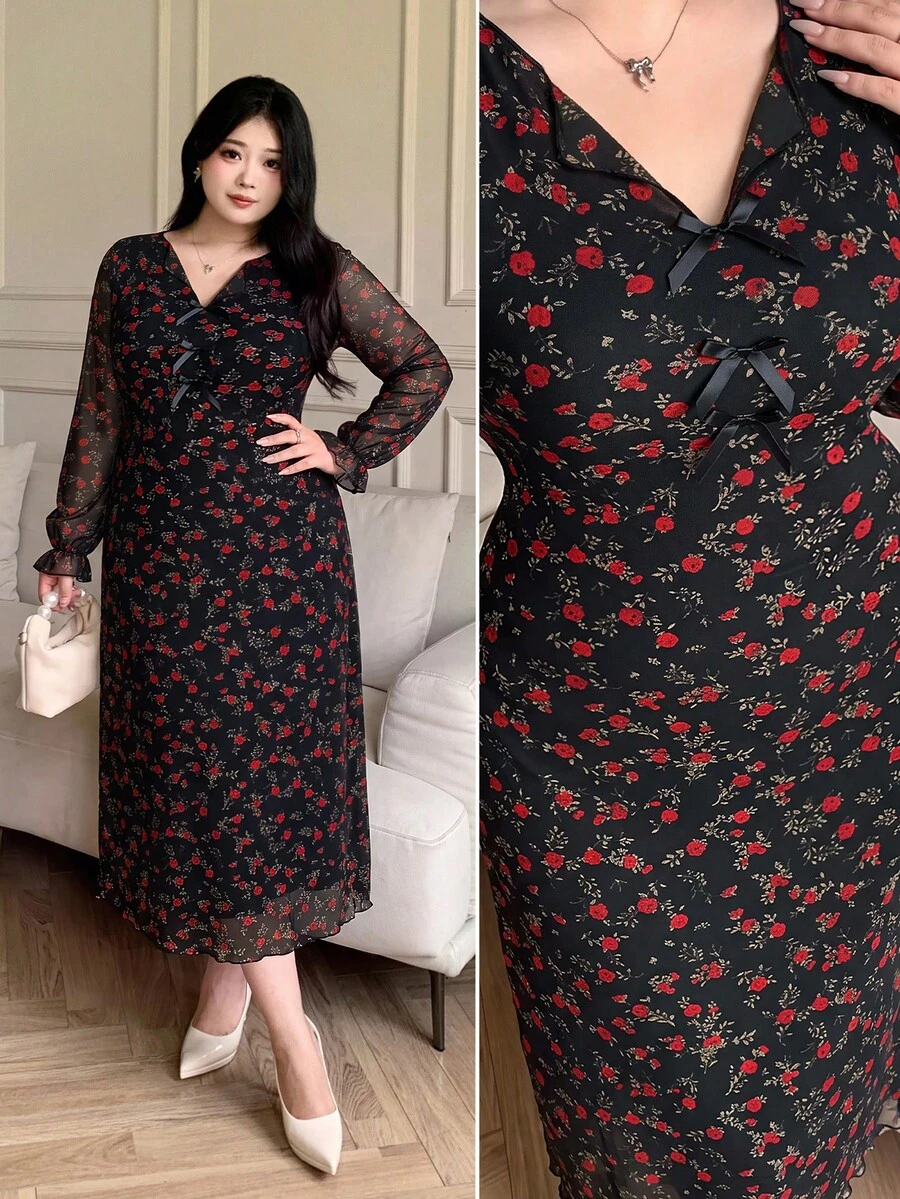 Feyla Plus Size Vintage Floral Print Bow Decor Dress - Black - View 1