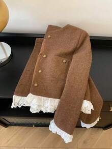 Franclia Chaqueta corta de mujer con parches de encaje, nuevo estilo de otoño - Café integral - Ver 3