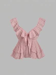 Sweetra Women's Spring/Summer Vacation Style Ruffle Trim Patchwork Woven Tape Tie Jacquard Fabric Shirt, Elegant Slimming Fitted Beach Top - Watermelon Pink - View 1
