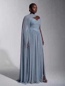 Elitara Plus Size Fashion Elegant Dusty Blue Strapless Pleated A-Line Dress With Detachable Long Shawl For Bridesmaid Party Evening Formal Wedding Winter - Baby Blue - View 3